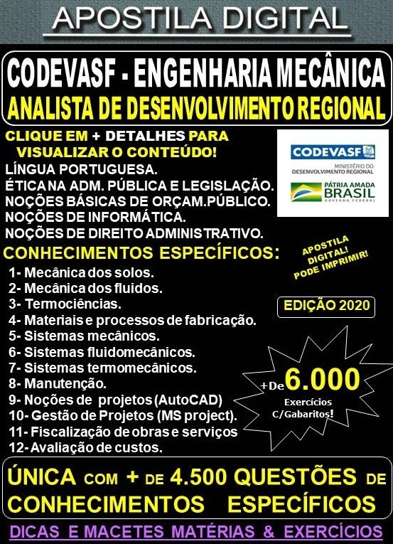 Apostila CODEVASF  Analista de Desenvolvimento Regional - ENGENHARIA MECÂNICA  - Teoria + 6.000 Exercícios - Concurso 2021