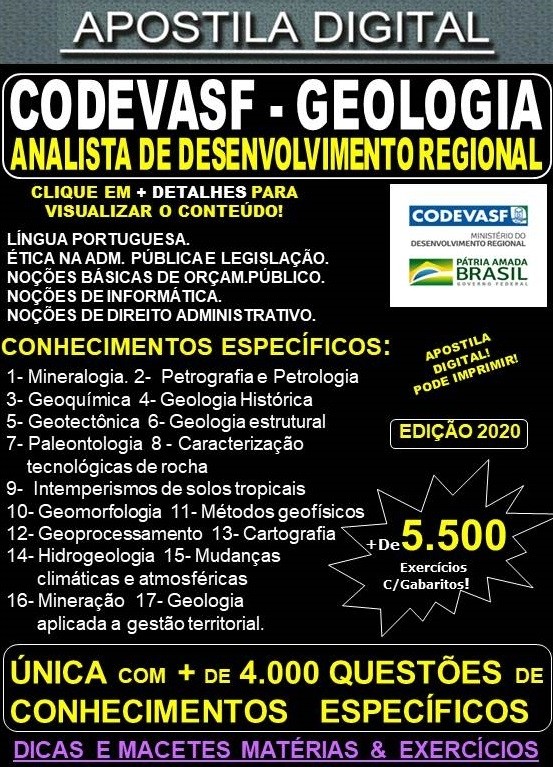 Apostila CODEVASF  Analista de Desenvolvimento Regional - GEOLOGIA  - Teoria + 5.500 Exercícios - Concurso 2021