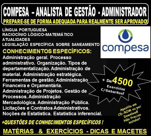 Apostila COMPESA ANALISTA de GESTÃO - ADMINISTRADOR - Teoria + 4.500 Exercícios - Concurso 2018
