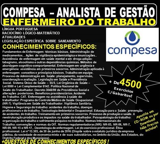 Apostila COMPESA ANALISTA de GESTÃO - ENFERMEIRO do TRABALHO - Teoria + 4.500 Exercícios - Concurso 2018
