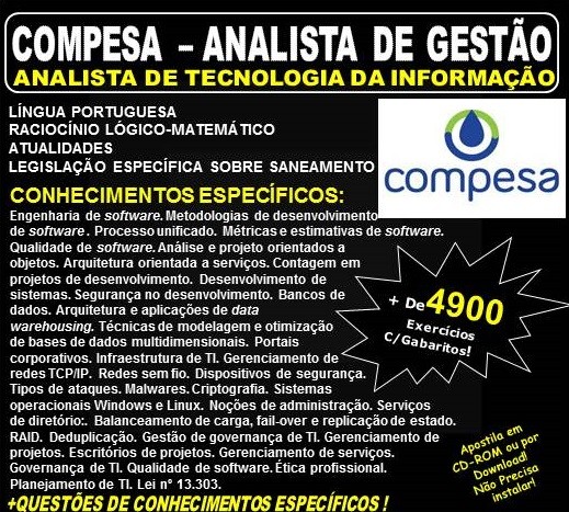 Apostila COMPESA ANALISTA de GESTÃO - ANALISTA de TECNOLOGIA da INFORMAÇÃO - Teoria + 4.900 Exercícios - Concurso 2018