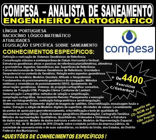 Apostila COMPESA ANALISTA de SANEAMENTO - ENGENHEIRO CARTOGRÁFICO - Teoria + 4.600 Exercícios - Concurso 2018