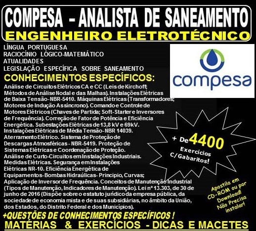 Apostila COMPESA ANALISTA de SANEAMENTO - ENGENHEIRO ELETROTÉCNICO - Teoria + 4.400 Exercícios - Concurso 2018