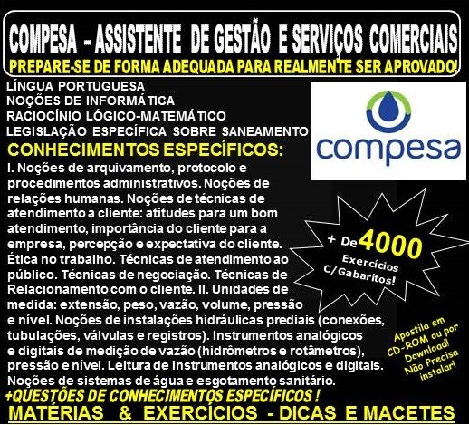 Apostila COMPESA - ASSISTENTE de GESTÃO e SERVIÇOS COMERCIAIS - Teoria + 4.000 Exercícios - Concurso 2018