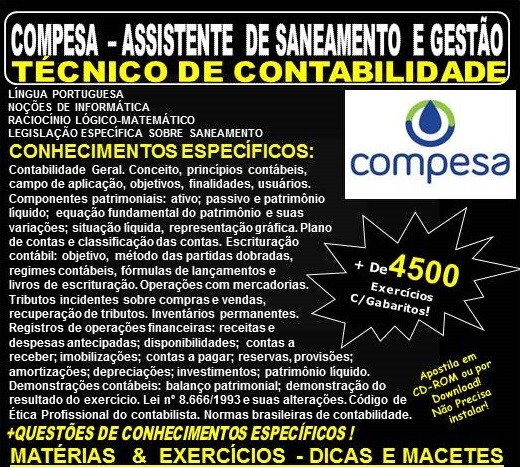 Apostila COMPESA - ASSISTENTE de SANEAMENTO e GESTÃO - TÉCNICO de CONTABILIDADE - Teoria + 4.500 Exercícios - Concurso 2018
