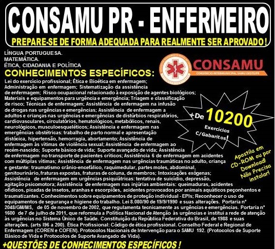 Apostila CONSAMU PR - ENFERMEIRO - Teoria + 10.200 Exercícios - Concurso 2017