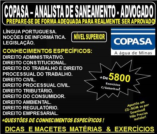 Apostila COPASA ANALISTA de SANEAMENTO - ADVOGADO - Teoria + 5.800 Exercícios - Concurso 2018