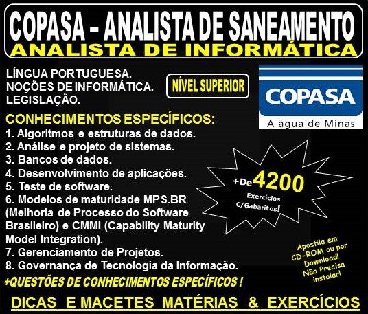 Apostila COPASA ANALISTA de SANEAMENTO - ANALISTA de INFORMÁTICA - Teoria + 4.200 Exercícios - Concurso 2018
