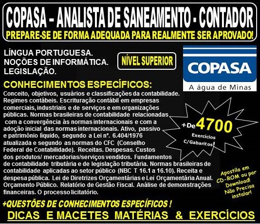 Apostila COPASA ANALISTA de SANEAMENTO - CONTADOR - Teoria + 4.700 Exercícios - Concurso 2018