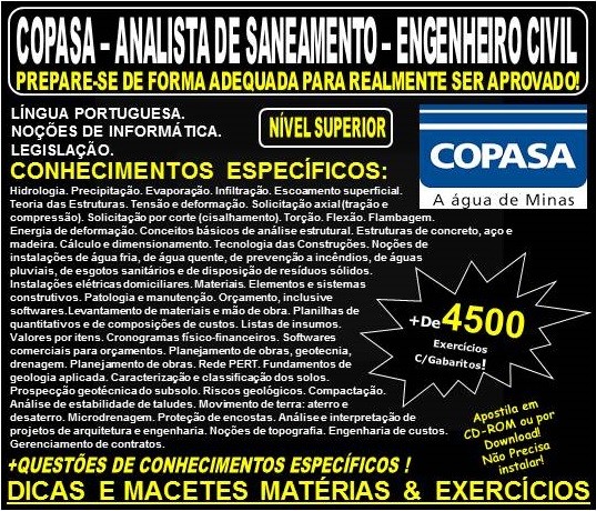 Apostila COPASA ANALISTA de SANEAMENTO - ENGENHEIRO CIVIL - Teoria + 4.500 Exercícios - Concurso 2018
