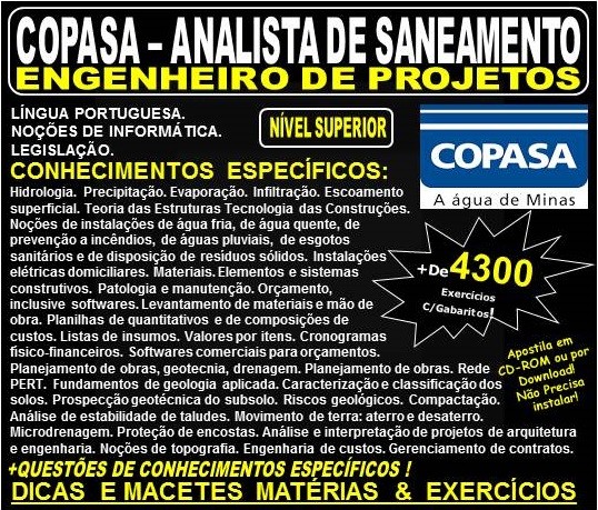 Apostila COPASA ANALISTA de SANEAMENTO - ENGENHEIRO de PROJETOS - Teoria + 4.300 Exercícios - Concurso 2018