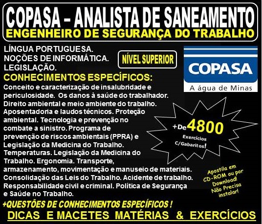 Apostila COPASA ANALISTA de SANEAMENTO - ENGENHEIRO de SEGURANÇA do TRABALHO - Teoria + 4.800 Exercícios - Concurso 2018