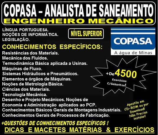 Apostila COPASA ANALISTA de SANEAMENTO - ENGENHEIRO MECÂNICO - Teoria + 4.500 Exercícios - Concurso 2018