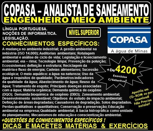 Apostila COPASA ANALISTA de SANEAMENTO - ENGENHEIRO MEIO AMBIENTE - Teoria + 4.200 Exercícios - Concurso 2018