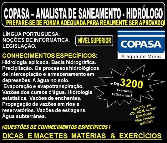 Apostila COPASA ANALISTA de SANEAMENTO - HIDRÓLOGO - Teoria + 3.200 Exercícios - Concurso 2018