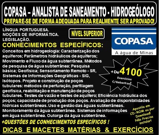 Apostila COPASA ANALISTA de SANEAMENTO - HIDROGEÓLOGO - Teoria + 4.100 Exercícios - Concurso 2018