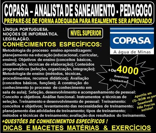 Apostila COPASA ANALISTA de SANEAMENTO - PEDAGOGO - Teoria + 4.000 Exercícios - Concurso 2018