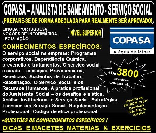 Apostila COPASA ANALISTA de SANEAMENTO - SERVIÇO SOCIAL - Teoria + 3.800 Exercícios - Concurso 2018