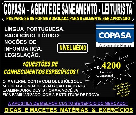 Apostila COPASA AGENTE de SANEAMENTO - LEITURISTA - Teoria + 4.200 Exercícios - Concurso 2018