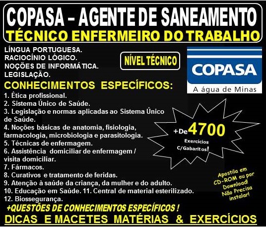 Apostila COPASA AGENTE de SANEAMENTO - TÉCNICO ENFERMEIRO do TRABALHO - Teoria + 4.700 Exercícios - Concurso 2018