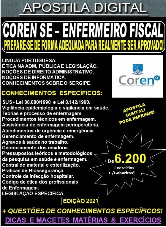 Apostila COREN SE  - ENFERMEIRO FISCAL  - Teoria + 6.200 Exercícios - Concurso 2021