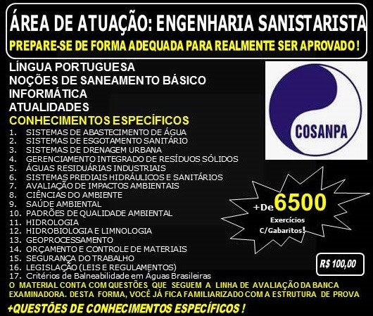 Apostila COSANPA - ENGENHARIA - Área de Atuação: ENGENHEIRO SANITARISTA - Teoria + 6.500 Exercícios - Concurso 2017