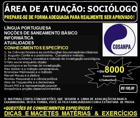 Apostila COSANPA - Área de Atuação: SOCIÓLOGO - Teoria + 8.000 Exercícios - Concurso 2017