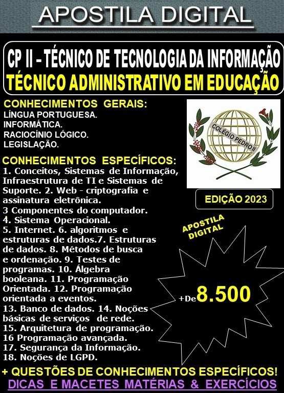 Apostila PEDRO II - TÉCNICO de TECNOLOGIA da INFORMAÇÃO - Teoria + 8.500 Exercícios - Concurso 2023