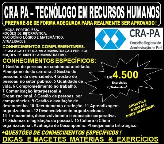 Apostila CRA PA - TECNÓLOGO em RECURSOS HUMANOS - Teoria + 4.500 Exercícios - Concurso 2019