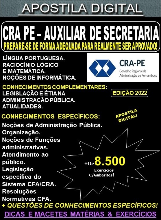 Apostila CRA PE - AUXILIAR de SECRETARIA - Teoria + 8.500 Exercícios - Concurso 2022