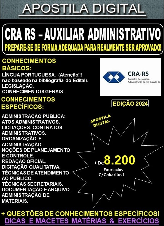Apostila CRA RS - AUXILIAR ADMINISTRATIVO - Teoria + 8.200 Exercícios - Concurso 2024