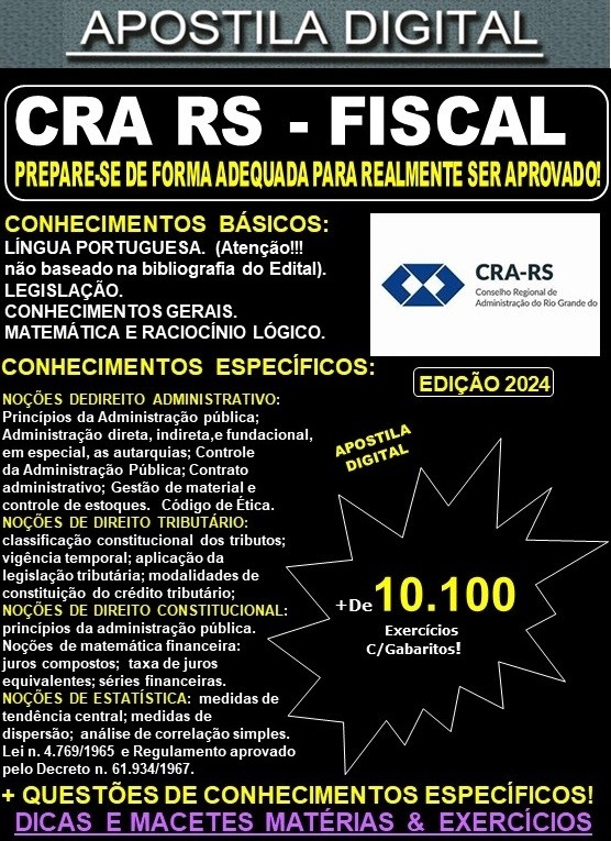 Apostila CRA RS - FISCAL - Teoria + 10.100 Exercícios - Concurso 2024