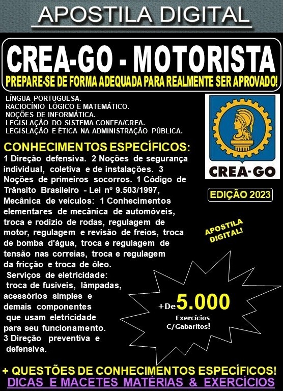 Apostila CREA GO - MOTORISTA - Teoria + 5.000 Exercícios - Concurso 2023