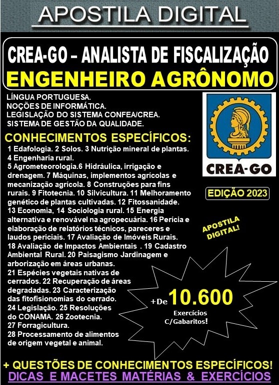 Apostila CREA GO - ANALISTA de FISCALIZAÇÃO - ENGENHEIRO AGRÔNOMO - Teoria + 10.600 Exercícios - Concurso 2023