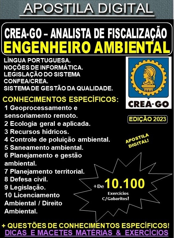 Apostila CREA GO - ANALISTA de FISCALIZAÇÃO - ENGENHEIRO AMBIENTAL - Teoria + 10.100 Exercícios - Concurso 2023