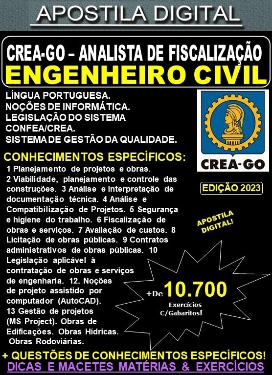 Apostila CREA GO - ANALISTA de FISCALIZAÇÃO - ENGENHEIRO CIVIL - Teoria + 10.700 Exercícios - Concurso 2023