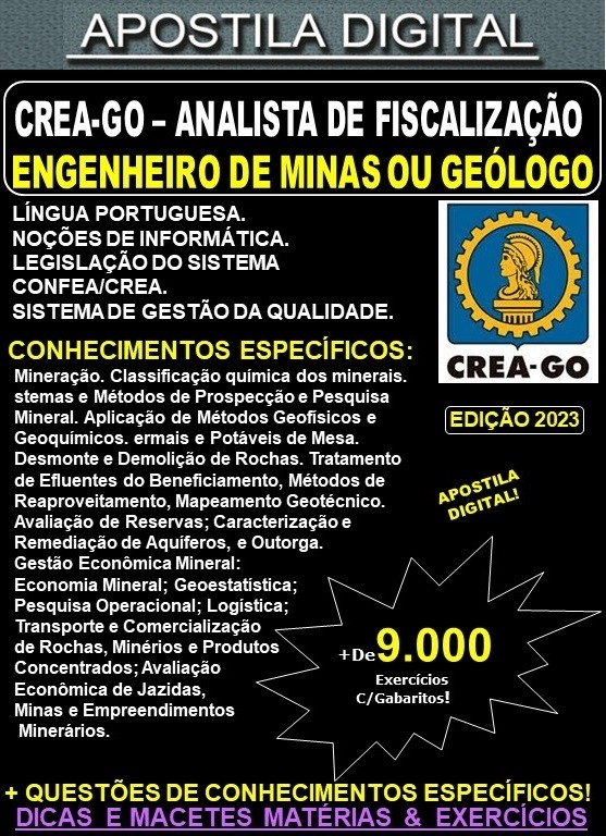 Apostila CREA GO - ANALISTA de FISCALIZAÇÃO - ENGENHEIRO de MINAS ou GEÓLOGO - Teoria + 9.000 Exercícios - Concurso 2023