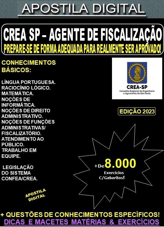Apostila CREA SP - AGENTE de FISCALIZAÇÃO - Teoria + 8.000 Exercícios - Concurso 2023