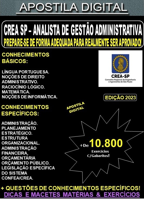Apostila CREA SP - ANALISTA de GESTÃO ADMINISTRATIVA - Teoria + 10.800 Exercícios - Concurso 2023