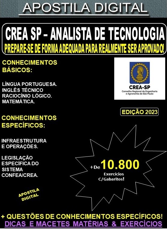 Apostila CREA SP - ANALISTA de TECNOLOGIA - Teoria + 10.800 Exercícios - Concurso 2023