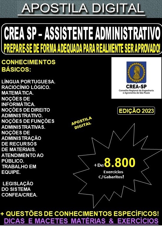 Apostila CREA SP - ASSISTENTE ADMINISTRATIVO - Teoria + 8.800 Exercícios - Concurso 2023