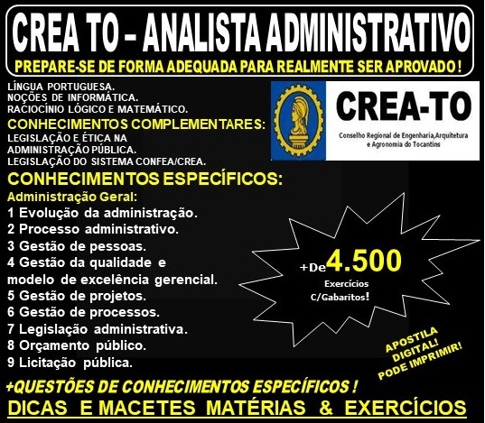 Apostila CREA TO - ANALISTA ADMINISTRATIVO - Teoria + 4.500 Exercícios - Concurso 2019