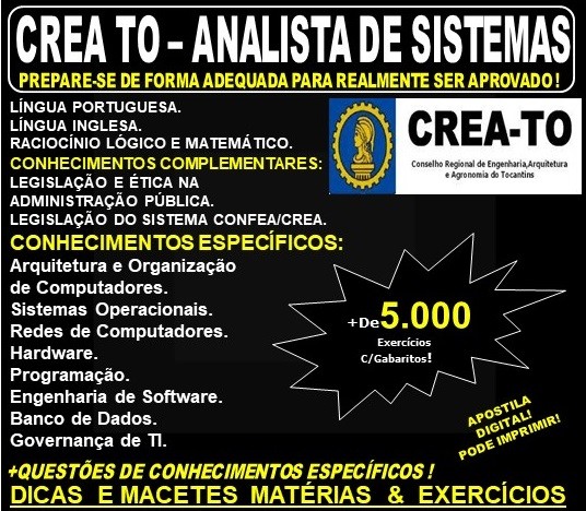 Apostila CREA TO - ANALISTA de SISTEMAS - Teoria + 5.000 Exercícios - Concurso 2019
