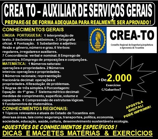 Apostila CREA TO - AUXILIAR de SERVIÇOS GERAIS - Teoria + 2.000 Exercícios - Concurso 2019