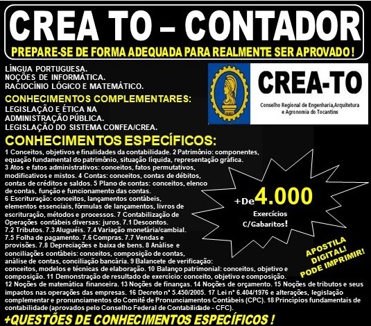Apostila CREA TO - CONTADOR - Teoria + 4.000 Exercícios - Concurso 2019