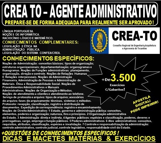 Apostila CREA TO - AGENTE ADMINISTRATIVO - Teoria + 3.500 Exercícios - Concurso 2019