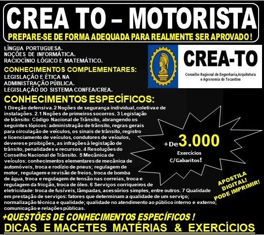 Apostila CREA TO - MOTORISTA - Teoria + 3.000 Exercícios - Concurso 2019