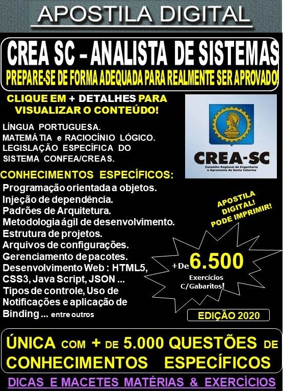 Apostila CREA SC - ANALISTA DE SISTEMAS - Teoria + 6.500 Exercícios - Concurso 2020