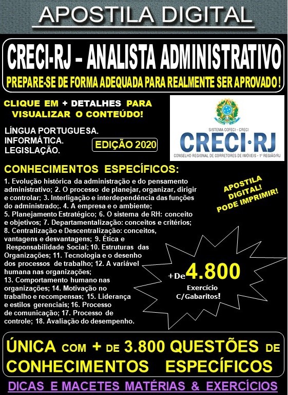 Apostila CRECI RJ - ANALISTA ADMINISTRATIVO - Teoria + 5.500 Exercícios - Concurso 2020