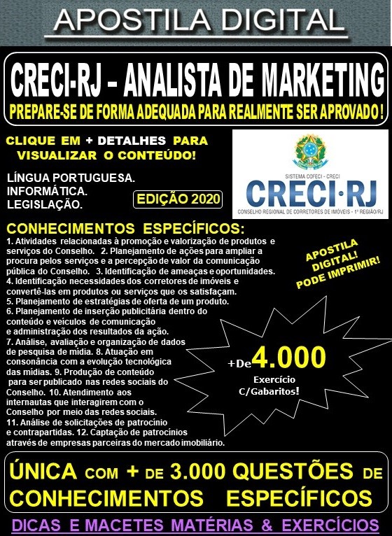 Apostila CRECI RJ - ANALISTA de MARKETING - Teoria + 4.000 Exercícios - Concurso 2020